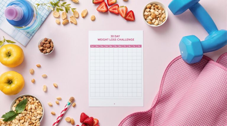 30-day weight loss challenge with healthy food and exercise equipment.
