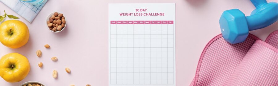 30-day weight loss challenge with healthy food and exercise equipment.