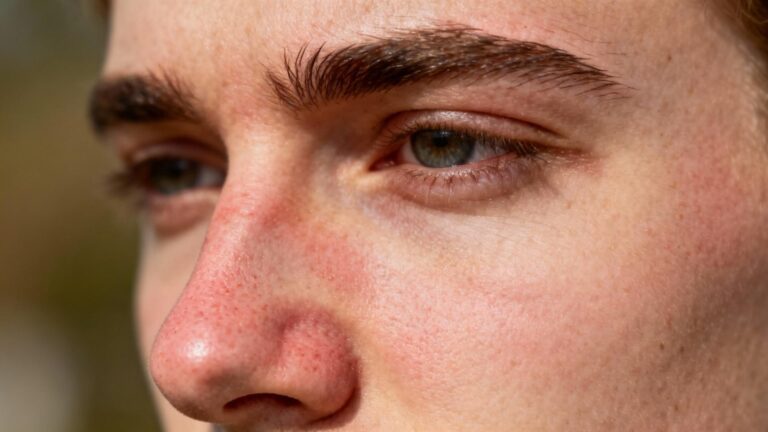 Visage montrant des rougeurs et des squames typiques de la dermite séborrhéique au niveau des ailes du nez et des sourcils