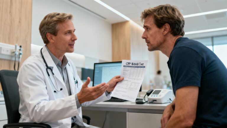 Médecin caucasien expliquant les résultats d'un test CRP à un patient dans une clinique moderne
