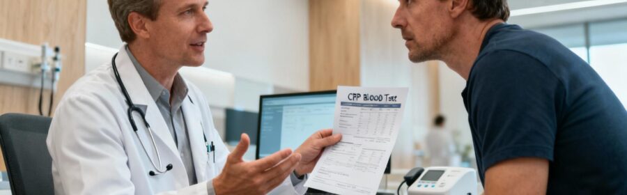 Médecin caucasien expliquant les résultats d'un test CRP à un patient dans une clinique moderne