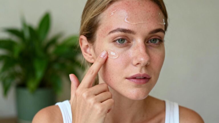 Femme caucasienne appliquant du gel d'aloe vera sur son visage pour soulager une dermite séborrhéique