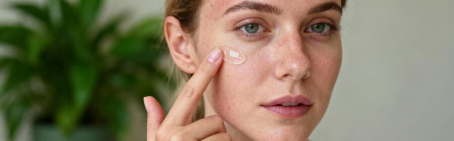 Femme caucasienne appliquant du gel d'aloe vera sur son visage pour soulager une dermite séborrhéique