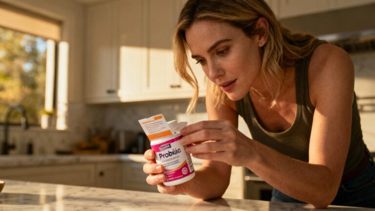Femme européenne examinant des boîtes de probiotiques dans une cuisine moderne avec éclairage naturel