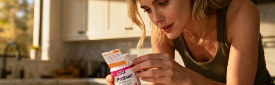Femme européenne examinant des boîtes de probiotiques dans une cuisine moderne avec éclairage naturel