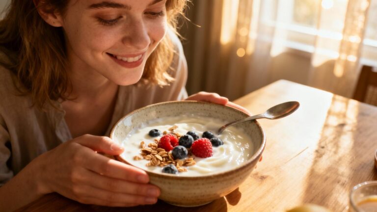 Jeune femme caucasienne souriante mangeant un yaourt probiotique dans une cuisine baignée de lumière naturelle