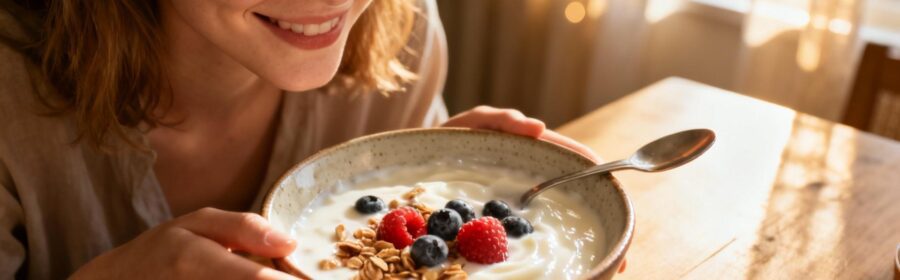 Jeune femme caucasienne souriante mangeant un yaourt probiotique dans une cuisine baignée de lumière naturelle