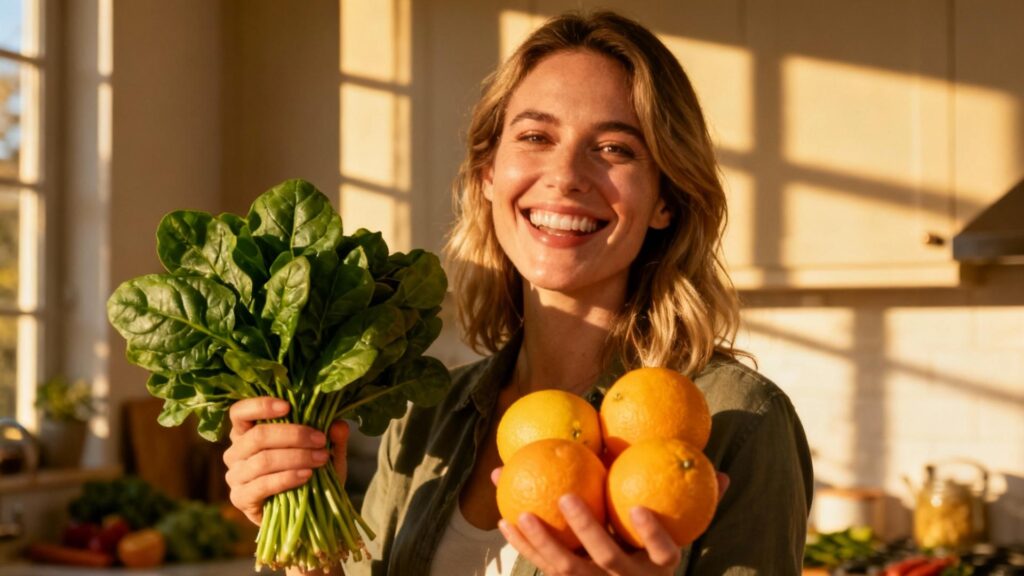 Jeune femme souriante tenant des épinards et des agrumes dans une cuisine ensoleillée, symbolisant une alimentation riche en fer