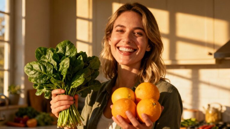 Jeune femme souriante tenant des épinards et des agrumes dans une cuisine ensoleillée, symbolisant une alimentation riche en fer
