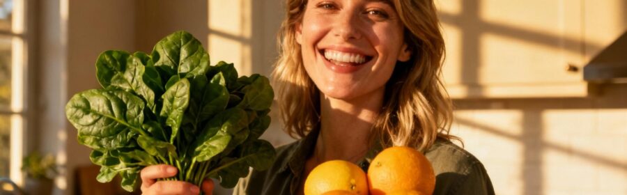 Jeune femme souriante tenant des épinards et des agrumes dans une cuisine ensoleillée, symbolisant une alimentation riche en fer