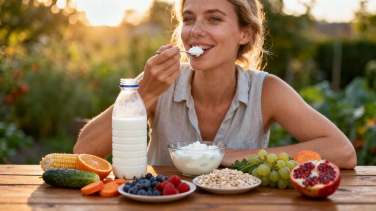 Jeune femme souriante savourant du kefir et yaourt nature accompagnés de divers aliments probiotiques sur table en bois