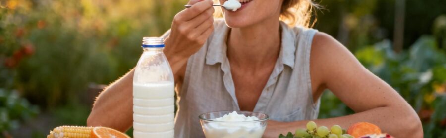 Jeune femme souriante savourant du kefir et yaourt nature accompagnés de divers aliments probiotiques sur table en bois