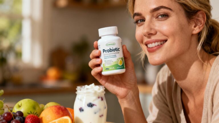 Femme européenne souriante tenant un flacon de probiotiques avec un yaourt et des fruits frais disposés sur une table