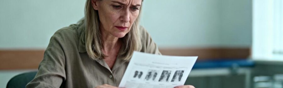 Femme européenne préoccupée examinant des résultats de test médicaux dans une clinique, lumière naturelle