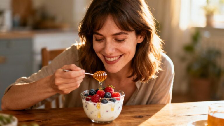 Jeune femme européenne dégustant un yaourt probiotique avec des fruits frais et du miel au petit-déjeuner