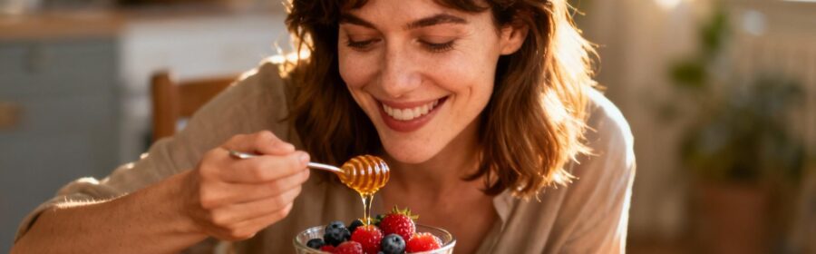 Jeune femme européenne dégustant un yaourt probiotique avec des fruits frais et du miel au petit-déjeuner