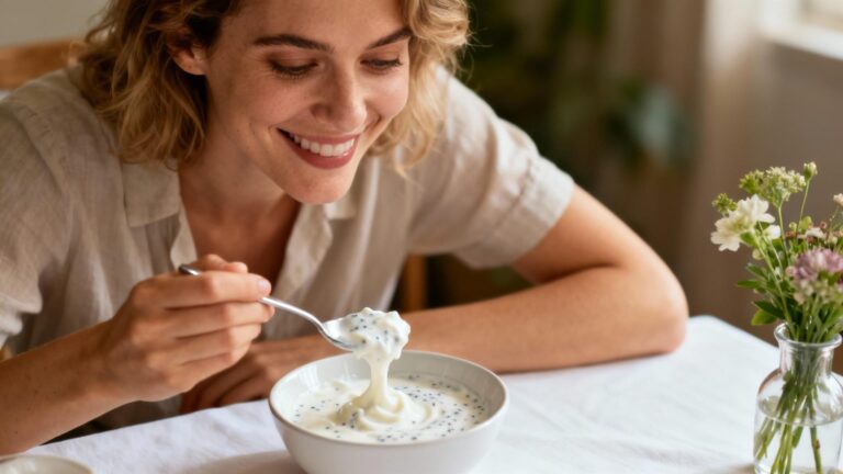 Femme européenne souriante mangeant un yaourt probiotique crémeux dans une cuisine lumineuse avec des fruits frais