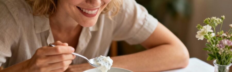 Femme européenne souriante mangeant un yaourt probiotique crémeux dans une cuisine lumineuse avec des fruits frais