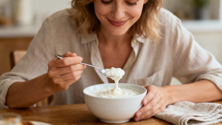 Jeune femme souriante mangeant un yaourt probiotique à table avec des fruits et du miel, lumière naturelle
