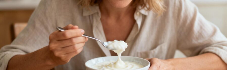 Jeune femme souriante mangeant un yaourt probiotique à table avec des fruits et du miel, lumière naturelle