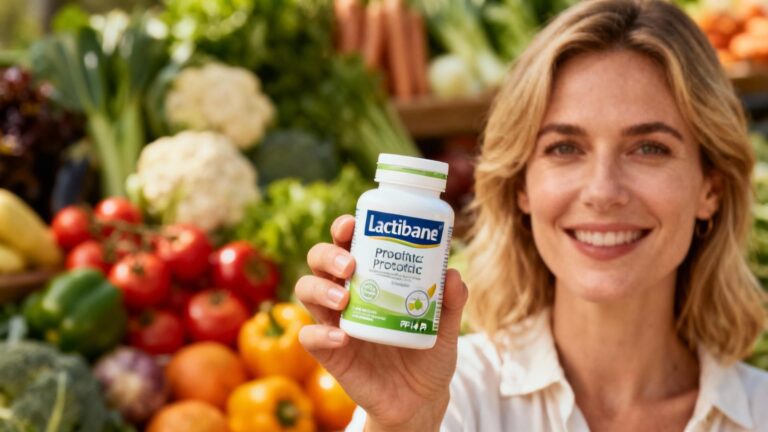 Femme européenne tenant un flacon de probiotiques Lactibiane avec des légumes frais en arrière-plan