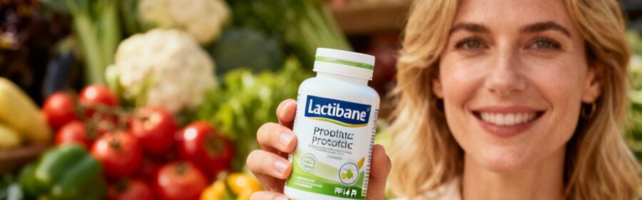 Femme européenne tenant un flacon de probiotiques Lactibiane avec des légumes frais en arrière-plan