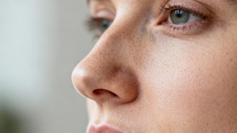 Visage d'une femme européenne avec une peau saine montrant les détails des pores et la texture cutanée du nez