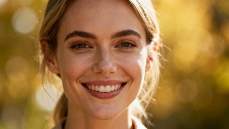Portrait d'une femme caucasienne souriante avec une peau claire et saine, éclairée par une lumière naturelle chaude