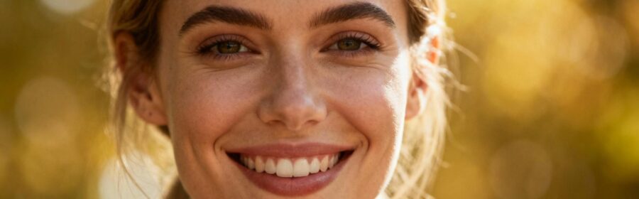 Portrait d'une femme caucasienne souriante avec une peau claire et saine, éclairée par une lumière naturelle chaude