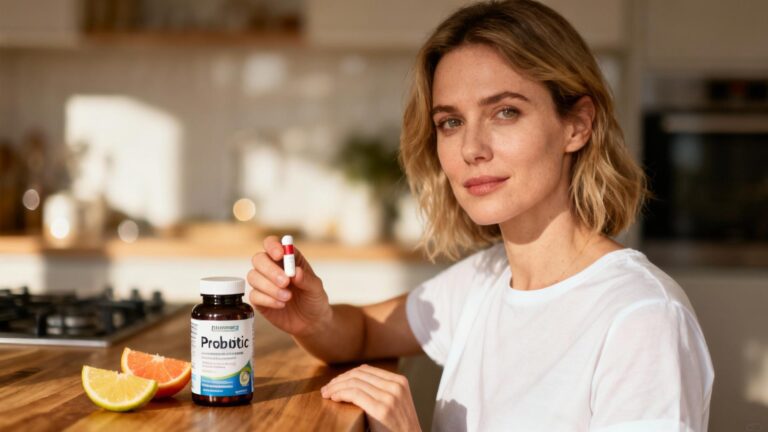 Jeune femme européenne avalant une gélule probiotique devant son plan de travail de cuisine éclairé par une lumière naturelle
