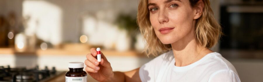 Jeune femme européenne avalant une gélule probiotique devant son plan de travail de cuisine éclairé par une lumière naturelle