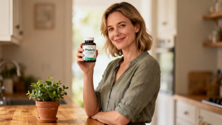 Jeune femme européenne prenant des gélules de probiotiques debout dans une cuisine moderne
