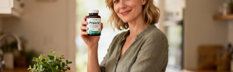 Jeune femme européenne prenant des gélules de probiotiques debout dans une cuisine moderne