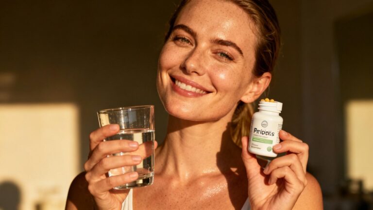 Femme confiante prenant des probiotiques dijo avec un verre d'eau, éclairée par une lumière naturelle et chaleureuse