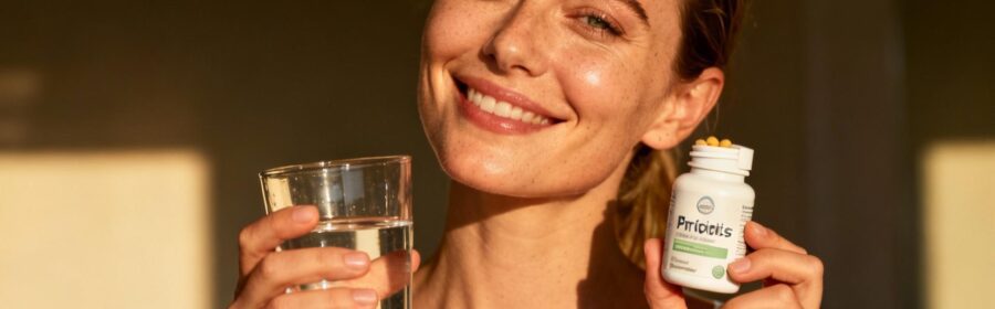 Femme confiante prenant des probiotiques dijo avec un verre d'eau, éclairée par une lumière naturelle et chaleureuse
