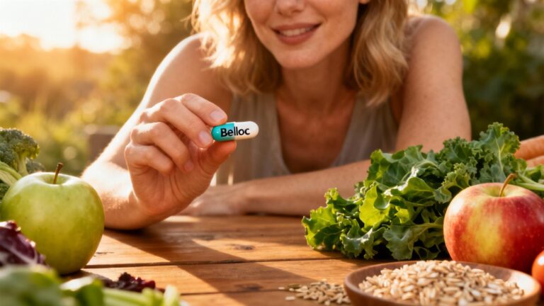 Femme européenne prenant une capsule probiotique Belloc avec des aliments frais sur la table en lumière naturelle