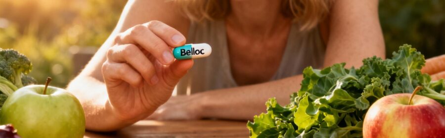 Femme européenne prenant une capsule probiotique Belloc avec des aliments frais sur la table en lumière naturelle