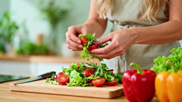 Jeune femme européenne avec une peau saine préparant une salade colorée de légumes frais
