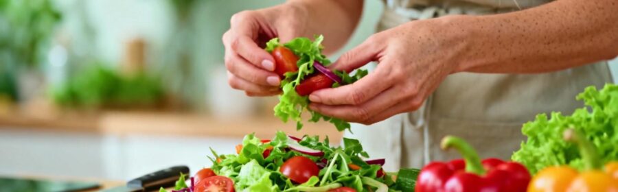 Jeune femme européenne avec une peau saine préparant une salade colorée de légumes frais