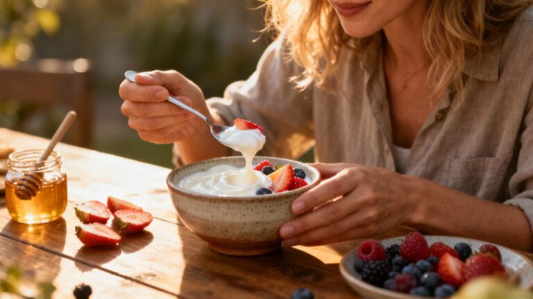 Femme européenne préparant un yaourt probiotique maison avec des fruits frais sur une table en bois