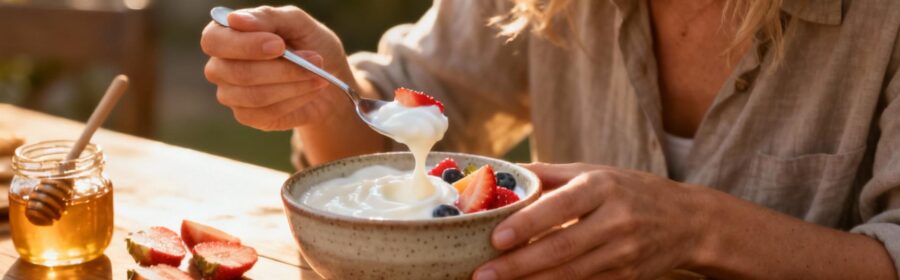 Femme européenne préparant un yaourt probiotique maison avec des fruits frais sur une table en bois