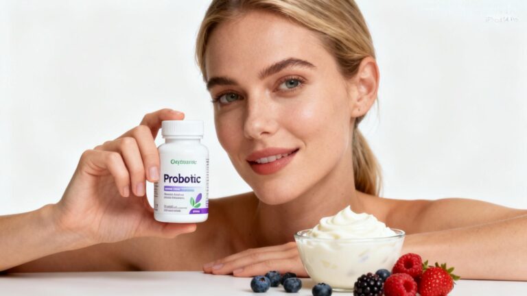 Femme européenne tenant un flacon de probiotiques avec un bol de yaourt frais et des fruits rouges sur fond blanc