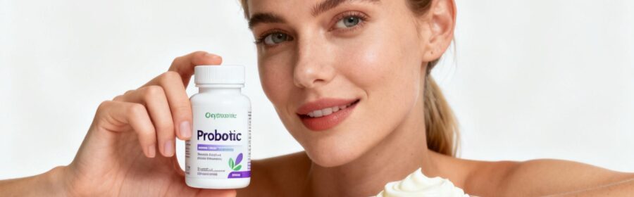 Femme européenne tenant un flacon de probiotiques avec un bol de yaourt frais et des fruits rouges sur fond blanc