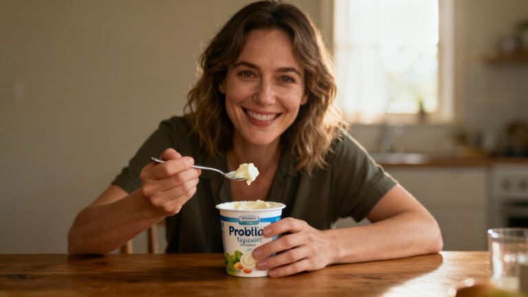 Jeune femme européenne souriante en train de manger un yaourt probiotique au petit-déjeuner, lumière naturelle
