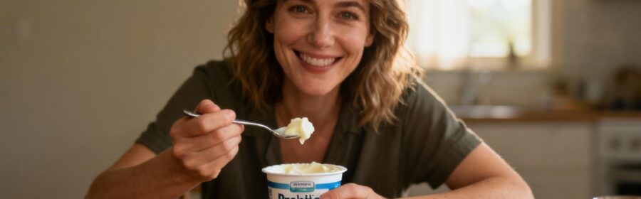 Jeune femme européenne souriante en train de manger un yaourt probiotique au petit-déjeuner, lumière naturelle