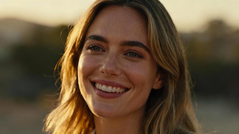 Femme caucasienne souriante avec une peau saine et naturelle, éclairée par une lumière douce