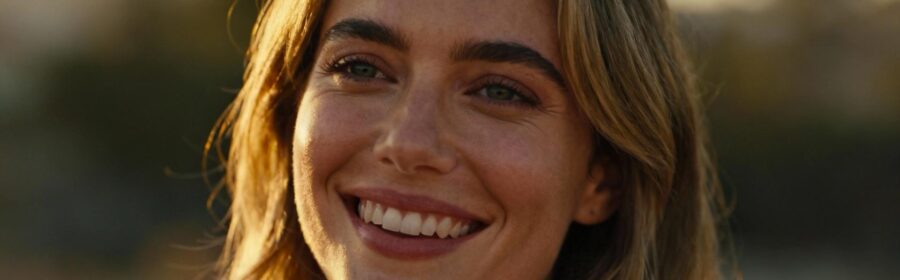 Femme caucasienne souriante avec une peau saine et naturelle, éclairée par une lumière douce