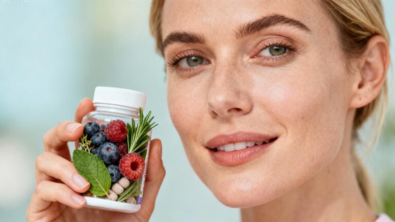Jeune femme européenne tenant un complément probiotique entouré d'ingrédients frais et naturels en lumière naturelle
