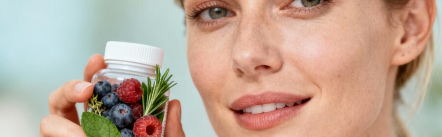 Jeune femme européenne tenant un complément probiotique entouré d'ingrédients frais et naturels en lumière naturelle