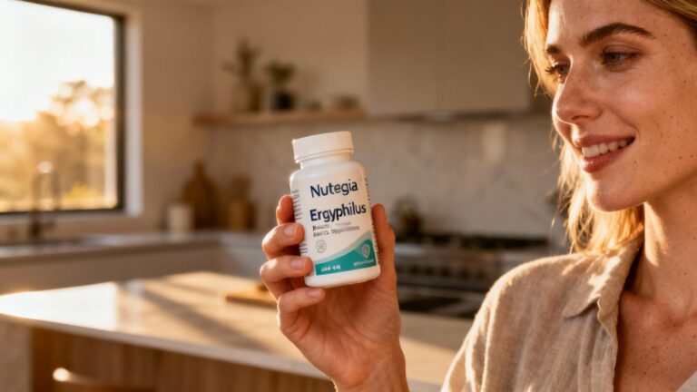Jeune femme souriante tenant un flacon de probiotiques Ergyphilus dans une cuisine moderne avec lumière naturelle